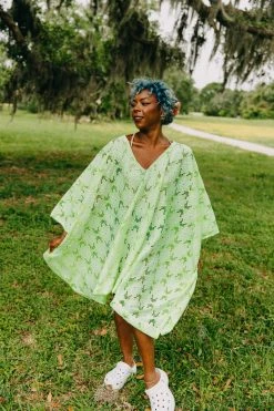 Fringe Co Neon Green Floral Embroidered Short Caftan Caftan Club Collection