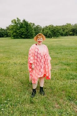 Fringe Co Caftan Club Collection Neon Pink Floral Embroidered Short Caftan