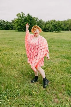 Fringe Co Caftan Club Collection Neon Pink Floral Embroidered Short Caftan