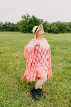 Fringe Co Caftan Club Collection Neon Pink Floral Embroidered Short Caftan