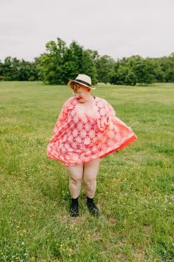 Fringe Co Caftan Club Collection Neon Pink Floral Embroidered Short Caftan