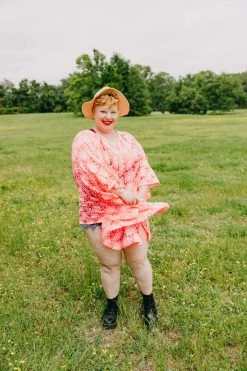 Fringe Co Caftan Club Collection Neon Pink Floral Embroidered Short Caftan