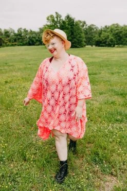 Fringe Co Caftan Club Collection Neon Pink Floral Embroidered Short Caftan