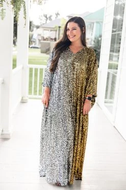 Fringe Co Silver To Gold Ombre Sequin Long Caftan Caftan Club Collection