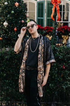 Fringe Co Sequin Duster Jackets Black Sequin With Snakeskin Satin Lined Duster