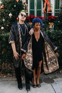 Fringe Co Sequin Duster Jackets Black Sequin With Snakeskin Satin Lined Duster