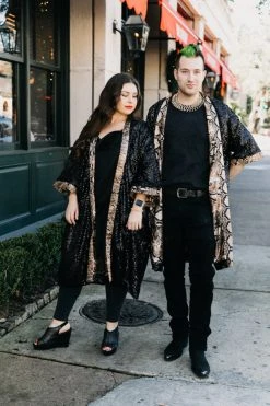 Fringe Co Sequin Duster Jackets Black Sequin With Snakeskin Satin Lined Duster