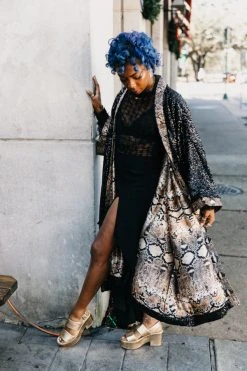Fringe Co Sequin Duster Jackets Black Sequin With Snakeskin Satin Lined Duster