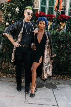 Fringe Co Sequin Duster Jackets Black Sequin With Snakeskin Satin Lined Duster