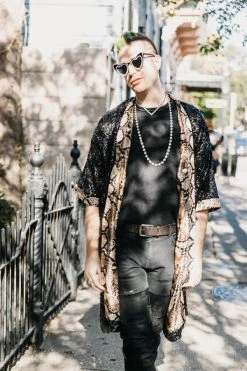 Fringe Co Sequin Duster Jackets Black Sequin With Snakeskin Satin Lined Duster