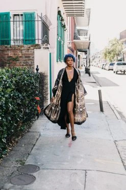 Fringe Co Sequin Duster Jackets Black Sequin With Snakeskin Satin Lined Duster