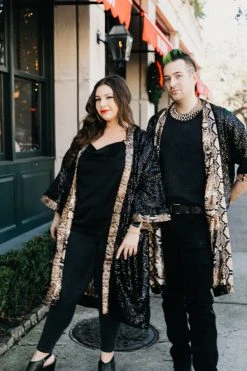 Fringe Co Sequin Duster Jackets Black Sequin With Snakeskin Satin Lined Duster