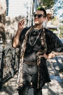 Fringe Co Sequin Duster Jackets Black Sequin With Snakeskin Satin Lined Duster