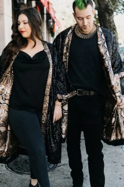 Fringe Co Sequin Duster Jackets Black Sequin With Snakeskin Satin Lined Duster
