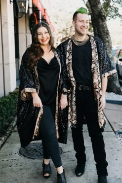 Fringe Co Sequin Duster Jackets Black Sequin With Snakeskin Satin Lined Duster