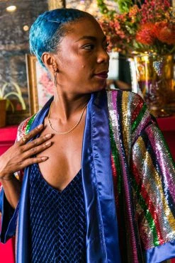 Fringe Co Sequin Rainbow Stripe Duster Sequin Duster Jackets