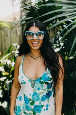 Fringe Co Blue Rhinestone Oversize Cat Eye Sunglasses