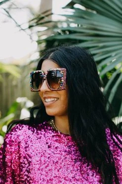 Fringe Co Shop Spring Sparkles Copper Multicolored Square Rhinestone Sunglasses