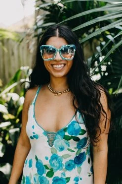 Fringe Co Blue Rhinestone Oversize Cat Eye Sunglasses