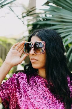 Fringe Co Shop Spring Sparkles Copper Multicolored Square Rhinestone Sunglasses