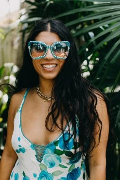 Fringe Co Blue Rhinestone Oversize Cat Eye Sunglasses