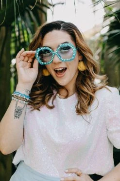 Fringe Co Blue Rhinestone Octagon Sunglasses