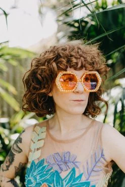 Fringe Co Shop Spring Sparkles Orange Rhinestone Octagon Sunglasses