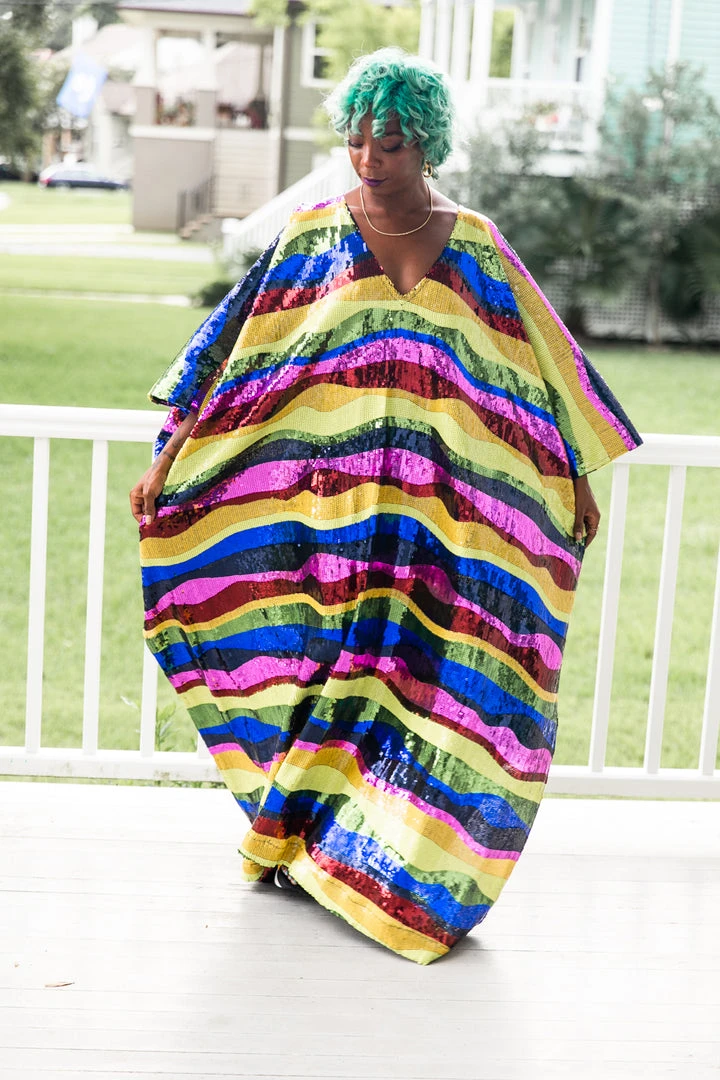 Fringe Co Caftan Club Collection Rainbow Horizontal Stripe Sequin Long Caftan 2 Fringe Co Caftan Club Collection Rainbow Horizontal Stripe Sequin Long Caftan