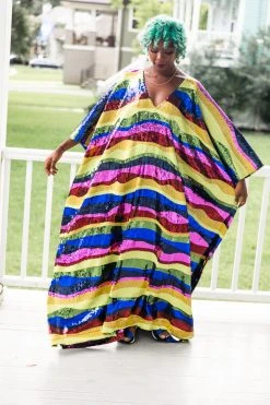 Fringe Co Caftan Club Collection Rainbow Horizontal Stripe Sequin Long Caftan 20 Fringe Co Caftan Club Collection Rainbow Horizontal Stripe Sequin Long Caftan