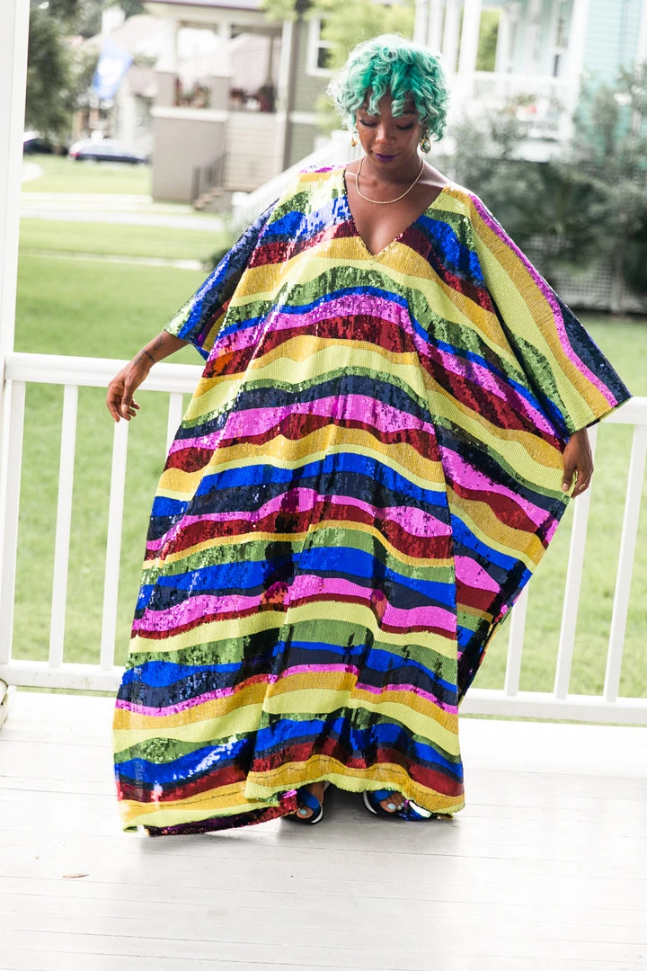 Fringe Co Caftan Club Collection Rainbow Horizontal Stripe Sequin Long Caftan 7 Fringe Co Caftan Club Collection Rainbow Horizontal Stripe Sequin Long Caftan