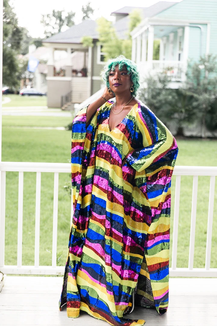 Fringe Co Caftan Club Collection Rainbow Horizontal Stripe Sequin Long Caftan 1 Fringe Co Caftan Club Collection Rainbow Horizontal Stripe Sequin Long Caftan