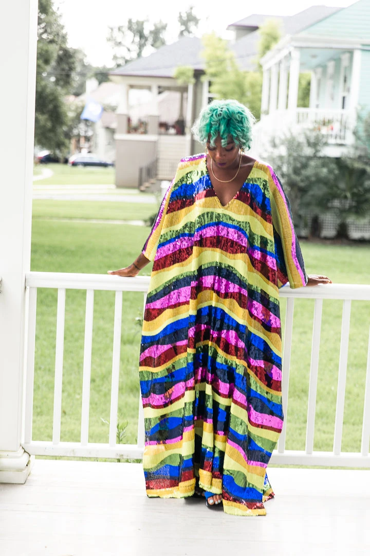 Fringe Co Caftan Club Collection Rainbow Horizontal Stripe Sequin Long Caftan 9 Fringe Co Caftan Club Collection Rainbow Horizontal Stripe Sequin Long Caftan
