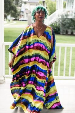 Fringe Co Caftan Club Collection Rainbow Horizontal Stripe Sequin Long Caftan 18 Fringe Co Caftan Club Collection Rainbow Horizontal Stripe Sequin Long Caftan