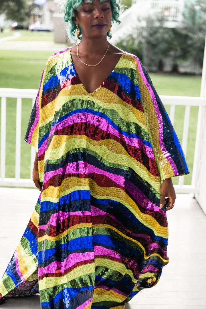 Fringe Co Caftan Club Collection Rainbow Horizontal Stripe Sequin Long Caftan 4 Fringe Co Caftan Club Collection Rainbow Horizontal Stripe Sequin Long Caftan