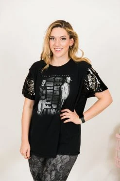 Fringe Co Florida Georgia Line Black And Silver Sequin Sleeve Party Tee Party Tees