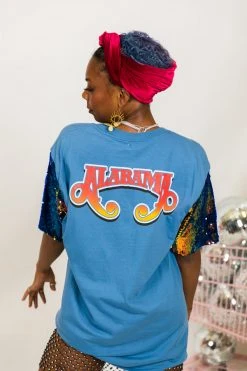 Fringe Co Alabama Blue Iridescent Sequin Sleeve Party Tee