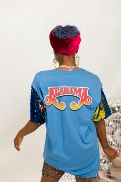 Fringe Co Alabama Blue Iridescent Sequin Sleeve Party Tee