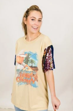 Fringe Co Kenny Chesney Blue Iridescent Sequin Sleeve Party Tees