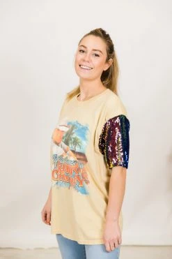 Fringe Co Kenny Chesney Blue Iridescent Sequin Sleeve Party Tees
