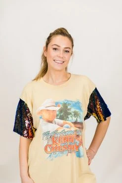 Fringe Co Kenny Chesney Blue Iridescent Sequin Sleeve Party Tees