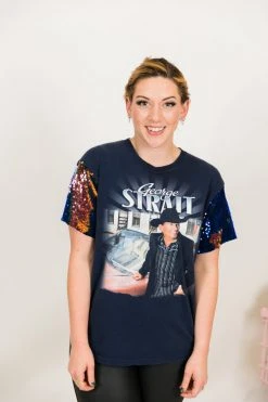 Fringe Co George Strait Blue Iridescent Sequin Sleeve Party Tee