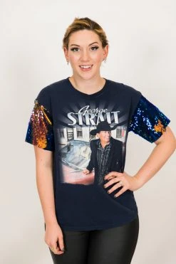 Fringe Co George Strait Blue Iridescent Sequin Sleeve Party Tee