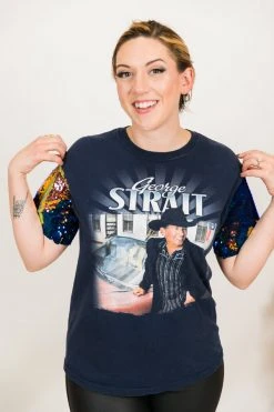 Fringe Co George Strait Blue Iridescent Sequin Sleeve Party Tee