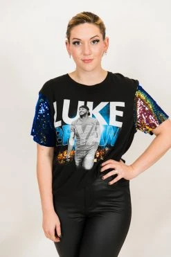 Fringe Co Luke Bryan Blue Iridescent Sequin Sleeve Party Tee Party Tees