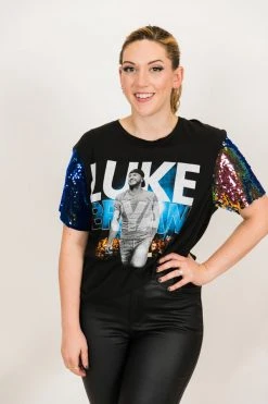 Fringe Co Luke Bryan Blue Iridescent Sequin Sleeve Party Tee Party Tees