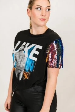 Fringe Co Luke Bryan Blue Iridescent Sequin Sleeve Party Tee Party Tees