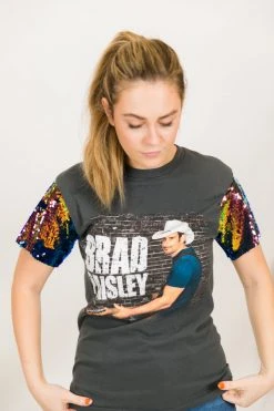Fringe Co Party Tees Brad Paisley Blue Iridescent Sequin Sleeve Party Tee