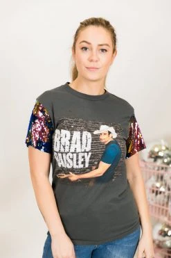 Fringe Co Party Tees Brad Paisley Blue Iridescent Sequin Sleeve Party Tee