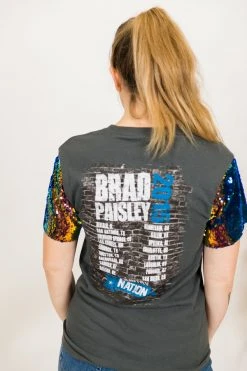 Fringe Co Party Tees Brad Paisley Blue Iridescent Sequin Sleeve Party Tee