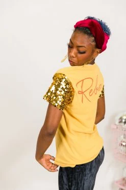 Fringe Co Party Tees Reba Gold Sequin Sleeve Party Tee